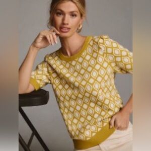 Maeve Harmon short sleeve jacquard sweater, chartreuse, size extra small